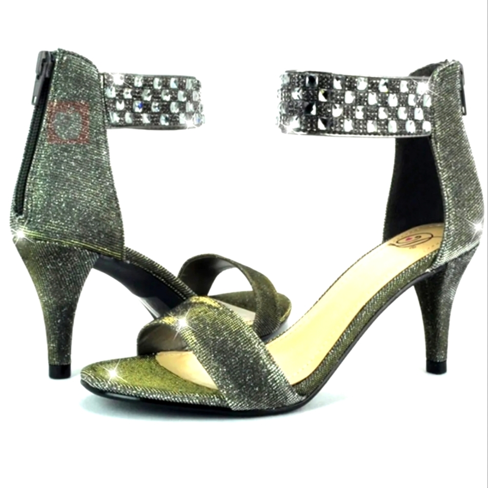 Women Open Toe Ankle Strap High Heel zippered Rhinestone Sandal Krystal Pewter